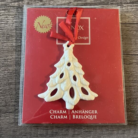 Lenox Pierced Tree Charm Christmas Ornament Cream Porcelain Red Ribbon New - Picture 1 of 3